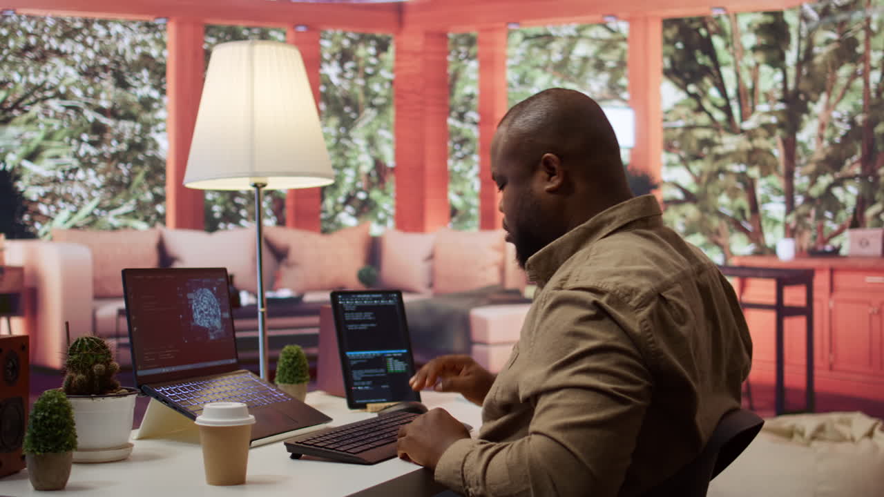 Software engineer coding on a laptop focusing on deep learning