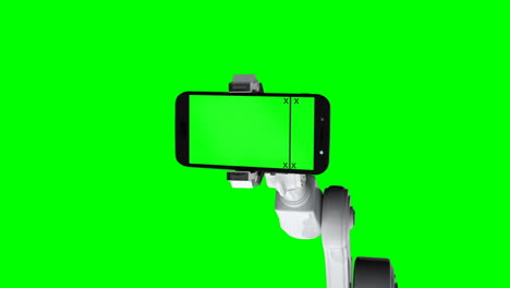 digitally generated video of white robotic arm holding mobile phone