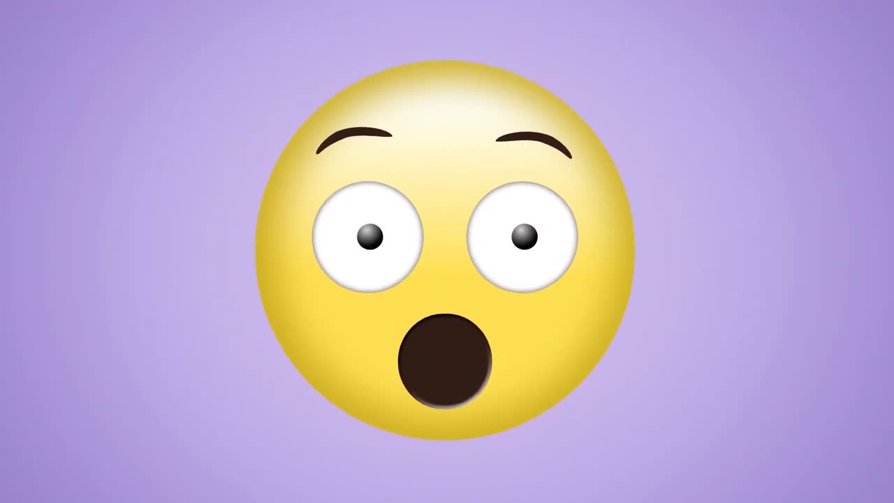 animación de confeti rojo volando sobre emoji sorprendido sobre un fondo púrpura pálido