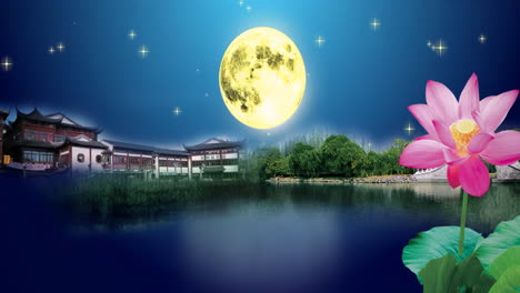 Retro-Chinese-style-ink-landscape-moonrise-Mid-autumn-moonlight-over-lotus-pond,-sky,-mountains,-flowers,-lake,-ancient-house-with-simple-animation-in-Japanese-Chinese-anime-watercolour-style