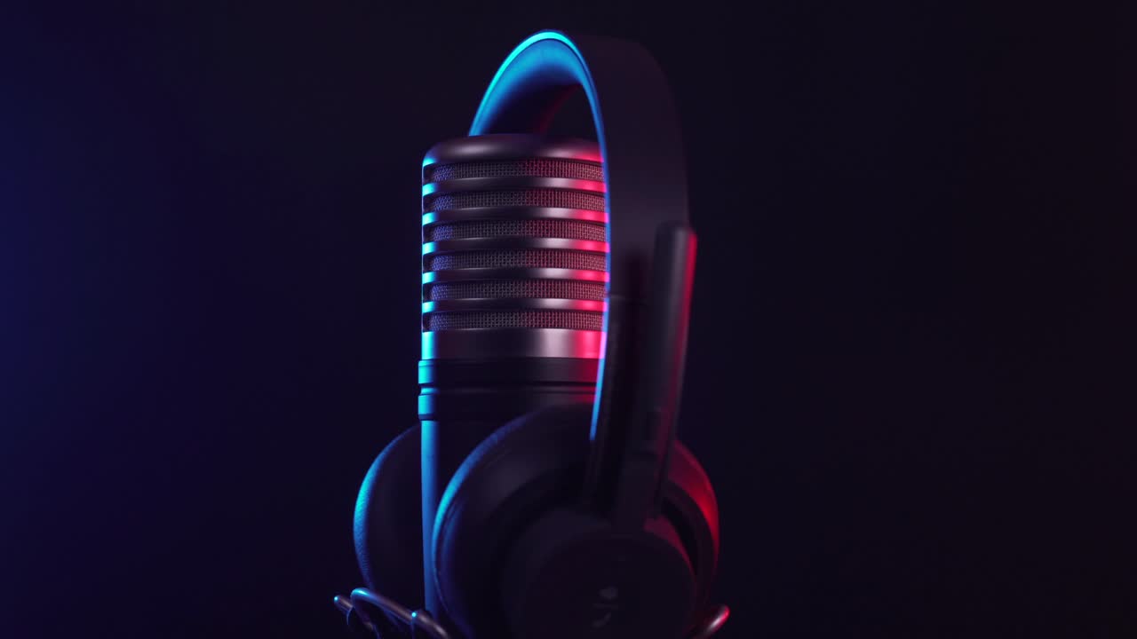 Studio Microphone and Headphones with Neon Lighting