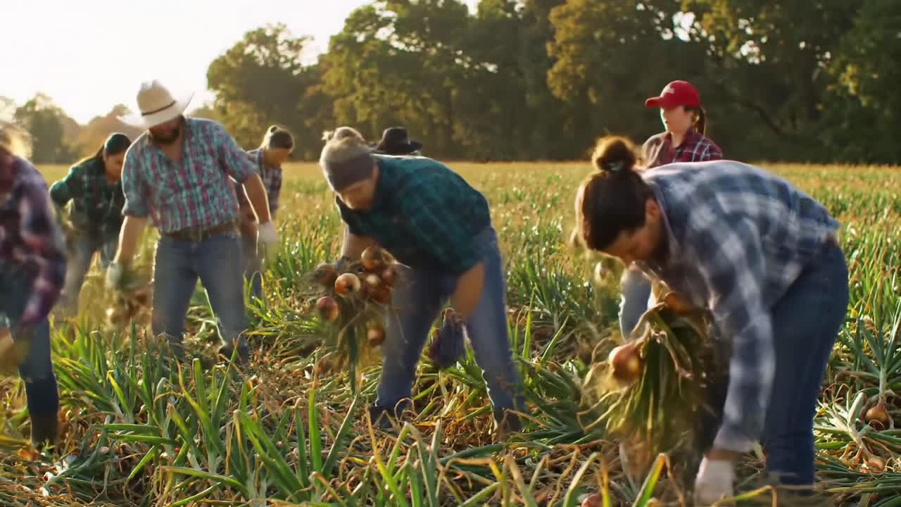 Workers Harvest Onions in a Sunny Field During the Late Afternoon in a Rural Area