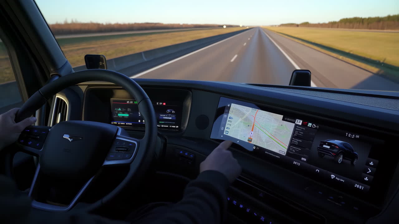 Driver Interacting with Advanced Navigation System in a Smart Truck