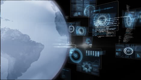 animation of spinning globe and round scanners with data processing against black background