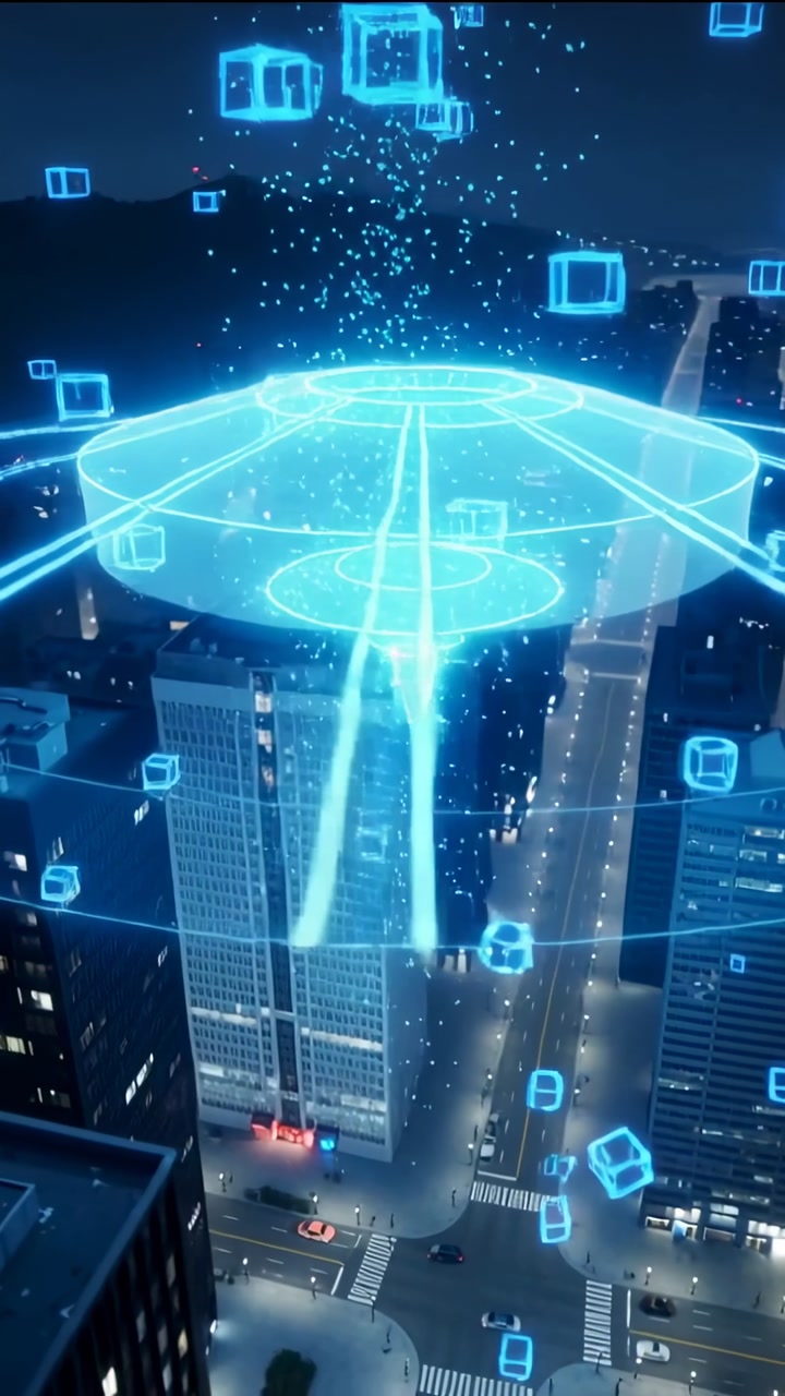 Vertical video: Signal starting cyan hologram disc forming over city night, casting cubes and beams