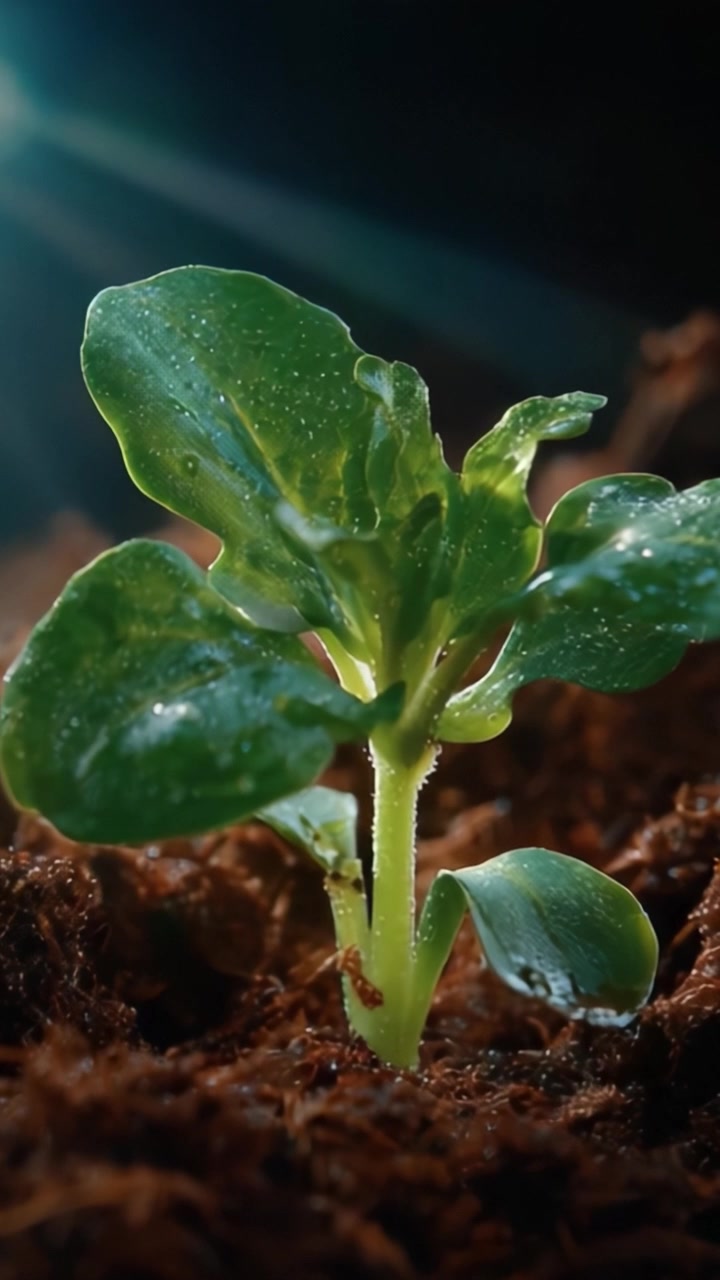 Um close-up de uma muda vibrante crescendo em solo rico, destacando as folhas verdes exuberantes e gotas de água, simbolizando crescimento e novos começos.