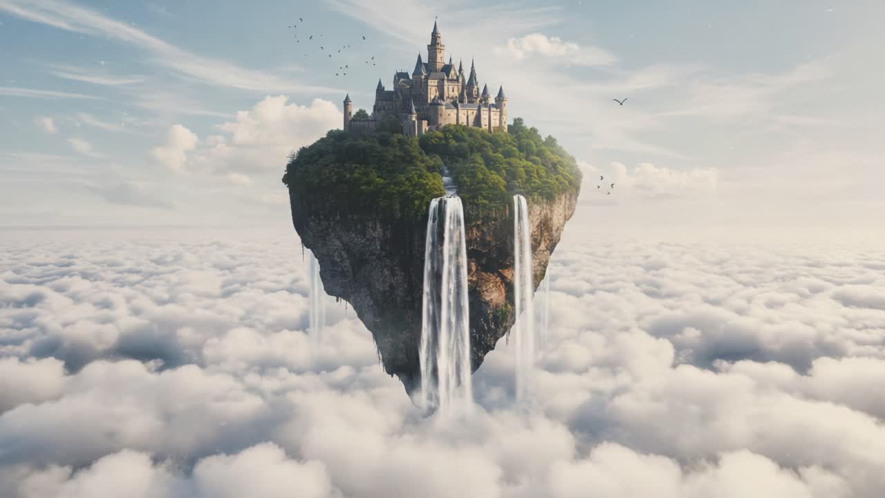 A breathtaking floating castle surrounded by cascading waterfalls, perched atop a verdant island amidst a sea of fluffy clouds, creating a magical and enchanting atmosphere