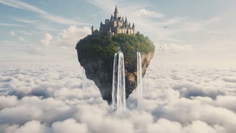 a breathtaking floating castle surrounded by cascading waterfalls, perched atop a verdant island amidst a sea of fluffy clouds, creating a magical and enchanting atmosphere