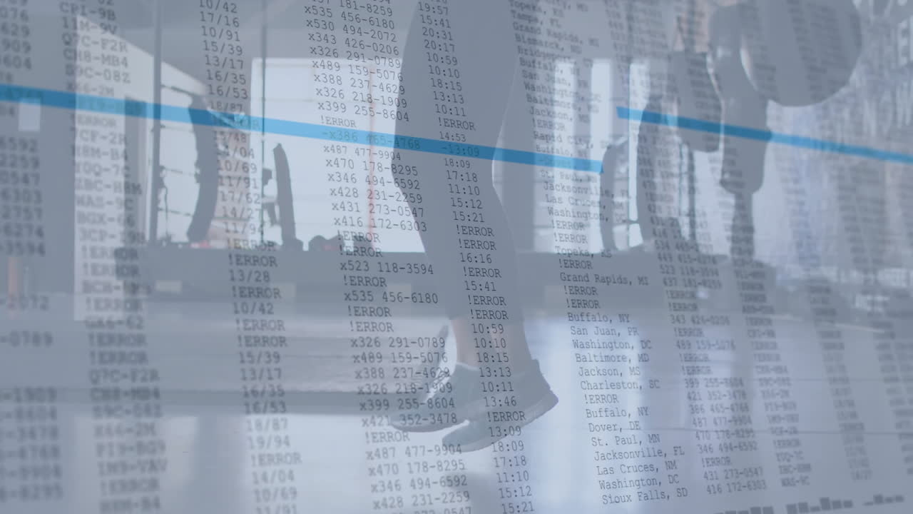 dumbbell rack standing near weight bench showing fitness tech overlay with error codes timestamps