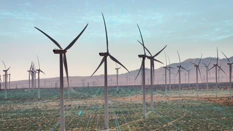 vfx visual effect overlay of powering wind turbines to generate electricity, aerial view