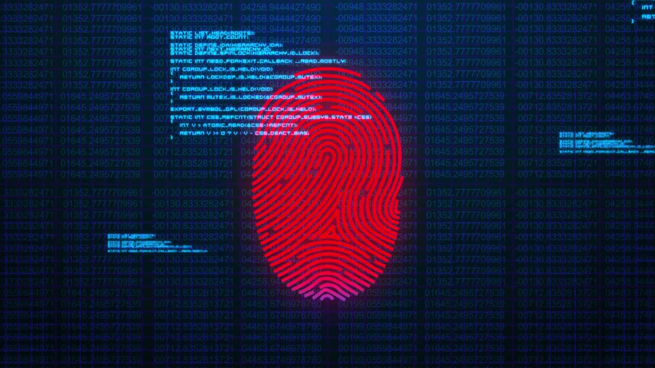 animazione di impronte digitali e elaborazione dei dati su sfondo nero