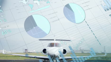 animación del procesamiento de datos y diagramas sobre el avión en el aeropuerto