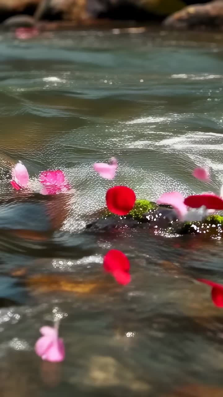 縦型動画：小川の苔むした岩の周りで現在の持ち上げているピンクの花びらが増加し、四散していく。
