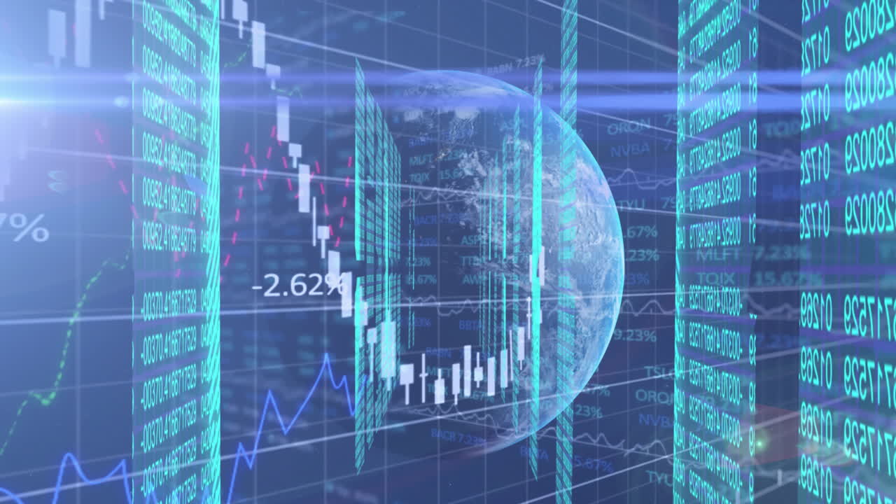 Animazione digitale di elaborazione dati finanziari su un globo su sfondo nero.