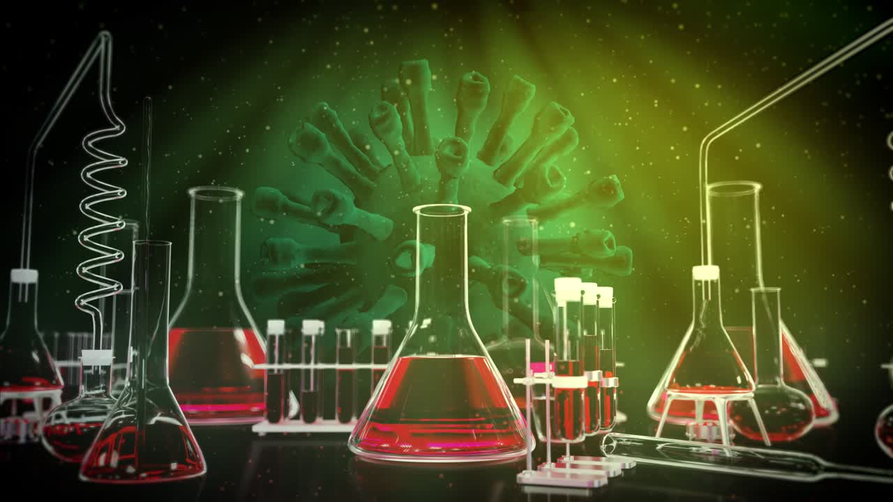Coronavirus COVID-19 red and green background seamless loop video, test tubes on moving virus backdrop - 60FPS 4K UHD 3D loopable animation