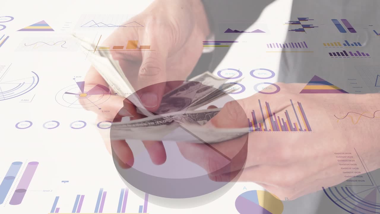 Animation of financial data processing over businessman