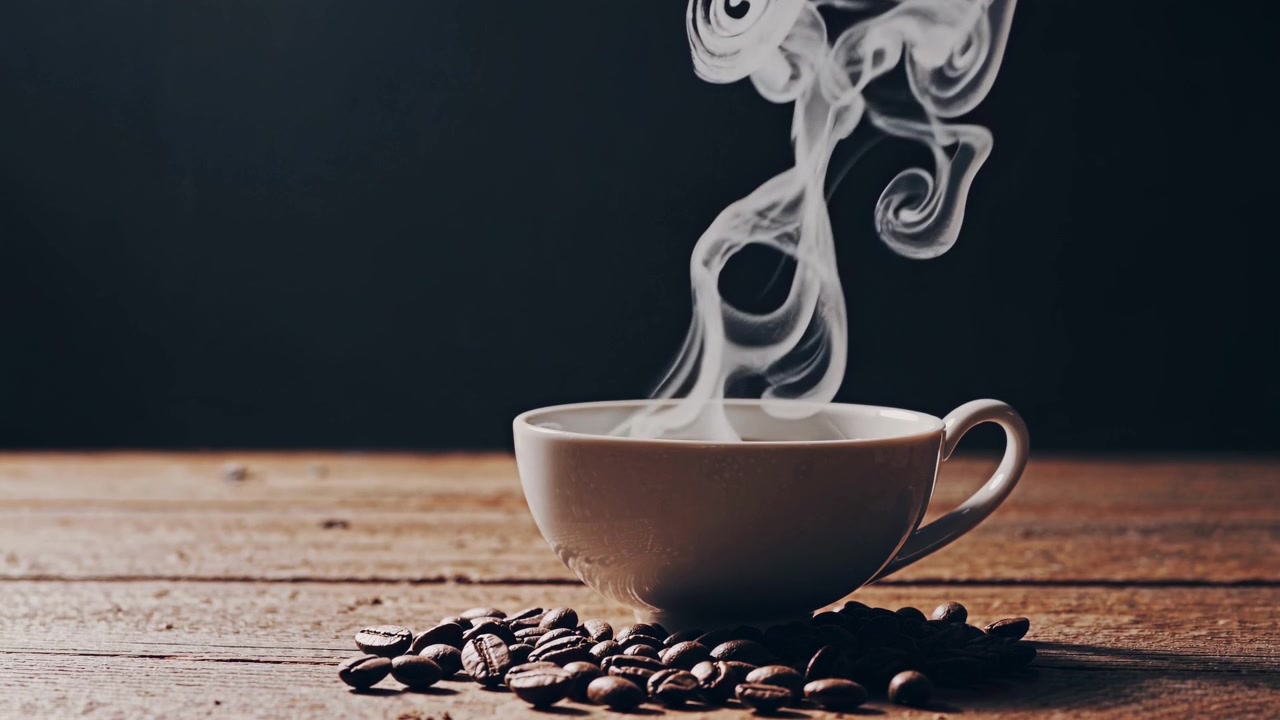 Nærbilde av dampende varm kaffekopp med bønner på et trebord