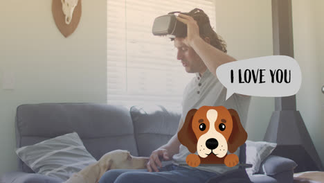 animation of i love you text over caucasian man with vr headset petting dog