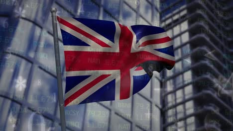 Animation-of-mathematical-numbers-and-symbols-and-waving-uk-flag-against-tall-buildings