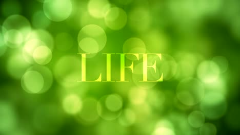 appearing 'life' text and dissolving after a while with moving green glitter lights, defocused light reflections on loopable green bokeh background. healthy life, spring, forest, wishful concept video