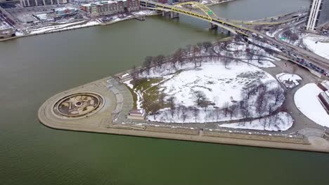 Aerial-View-of-Point-state-park-during-winter-in-Pittsburgh-downtown