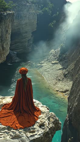 dramatic view from a cliff with a figure in vibrant attire at sunset