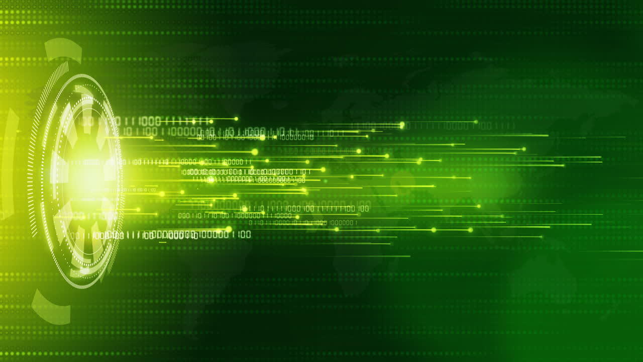 Technological hi-tech green background with round HUD element. Moving bright rays of light with digital binary code. Looped animation with world map.