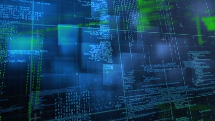 Digital animation of data processing over multiple square shapes against blue background