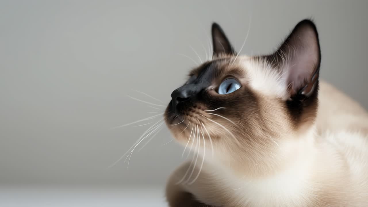 Siamese cat with striking blue eyes peering upward, expressing natural curiosity against soft gray backdrop, highlighting distinctive breed characteristics