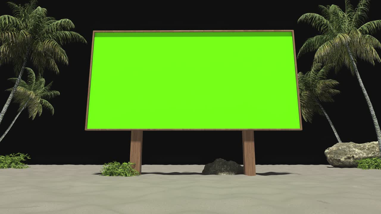 cartel en la playa entre palmeras tropicales en un fondo transparente.