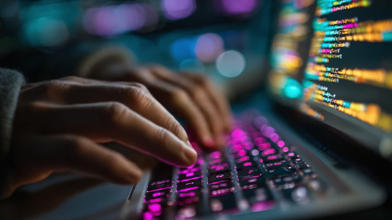 An Intense Focus on Coding: A Close-Up of Hands Typing on a Backlit Laptop Keyboard Surrounded by a Vibrant Blur of Colors from the Screen