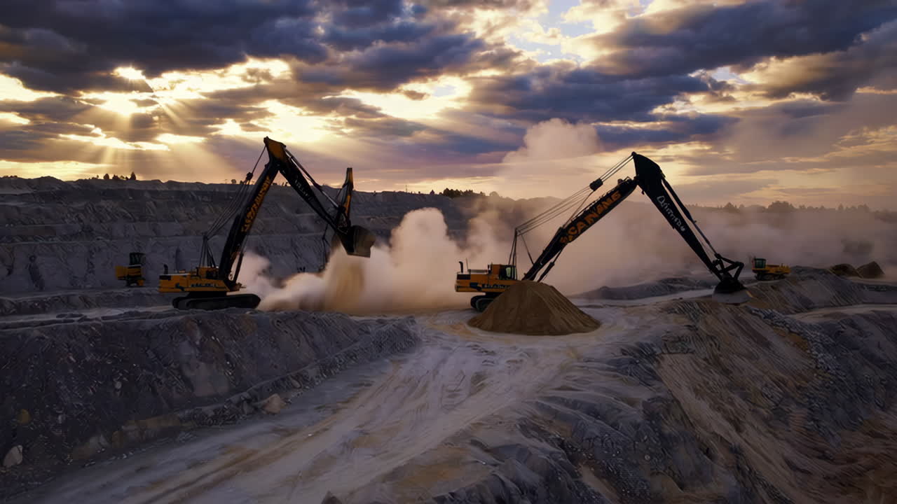 Large excavators working in an open-pit mine at sunset, kicking up dust