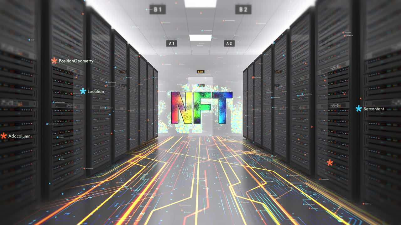 símbolo de obra de arte digital de nft en un centro de datos moderno y futurista.