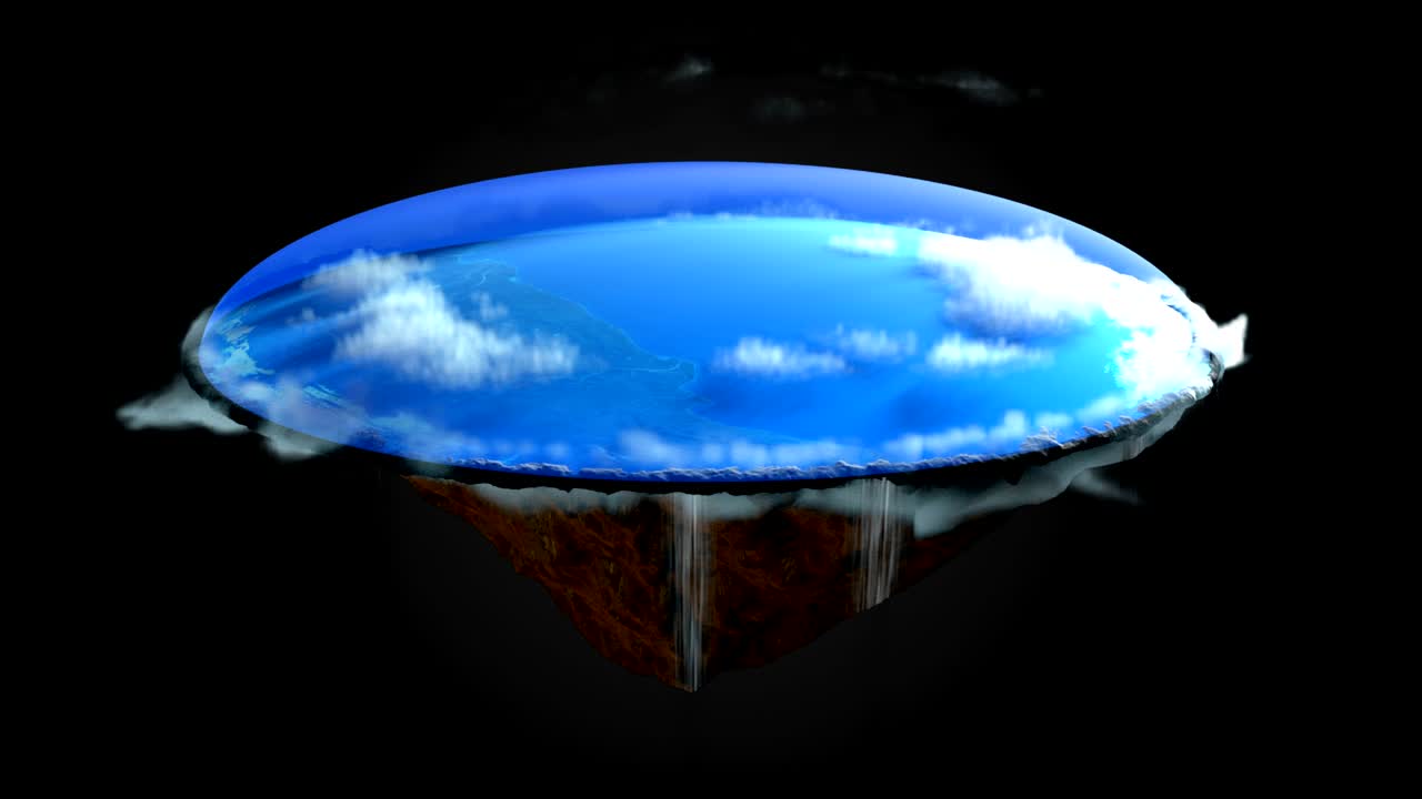 terra piatta con paesaggio naturale, antica credenza nel globo piano in forma di disco, rendering 3d