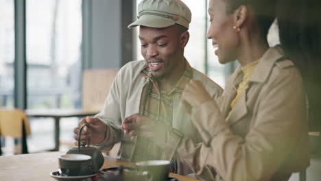 tea, cafe or black couple on date talking