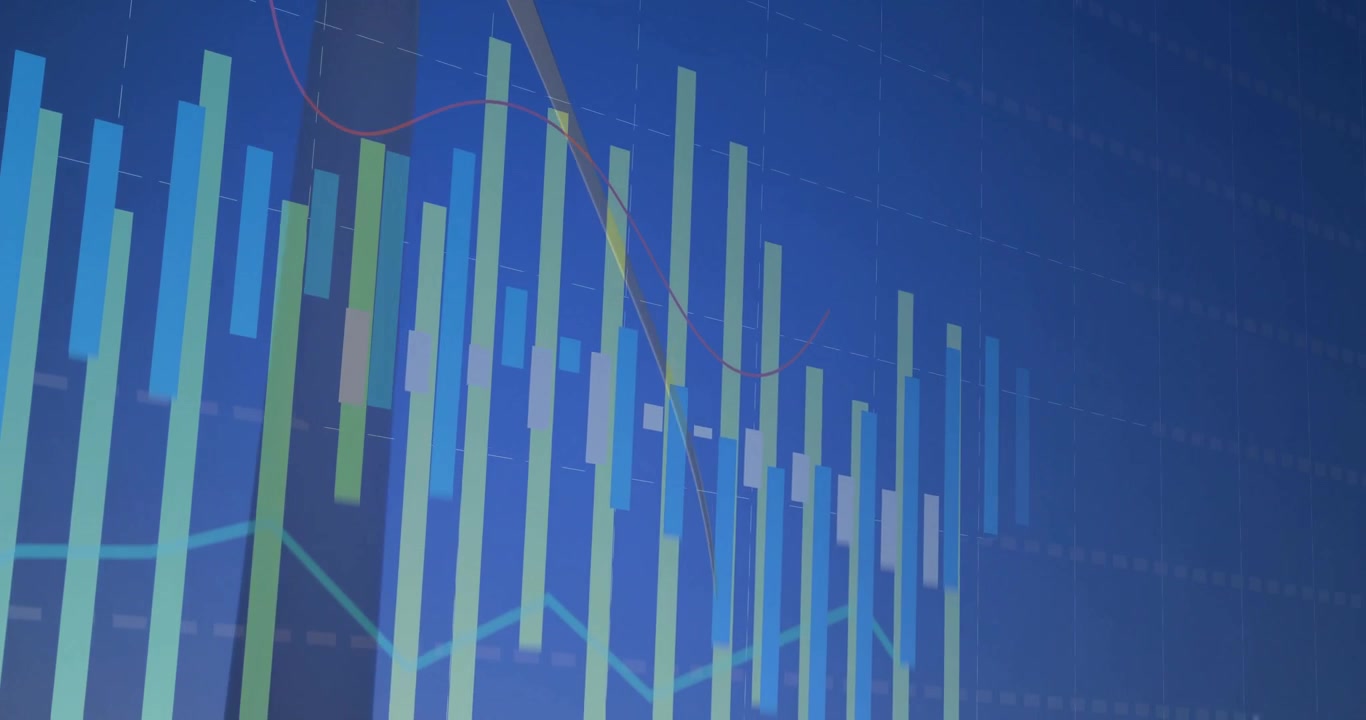 Lodret søjlediagram stiger på et dybblåt gitter, der sporer røde og cyan linjer i fladt design