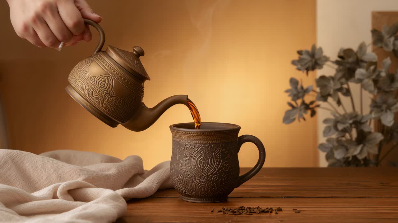 Gripping brass teapot handle, sleeved hand tilting, pouring tea to fill embossed mug on tabletop