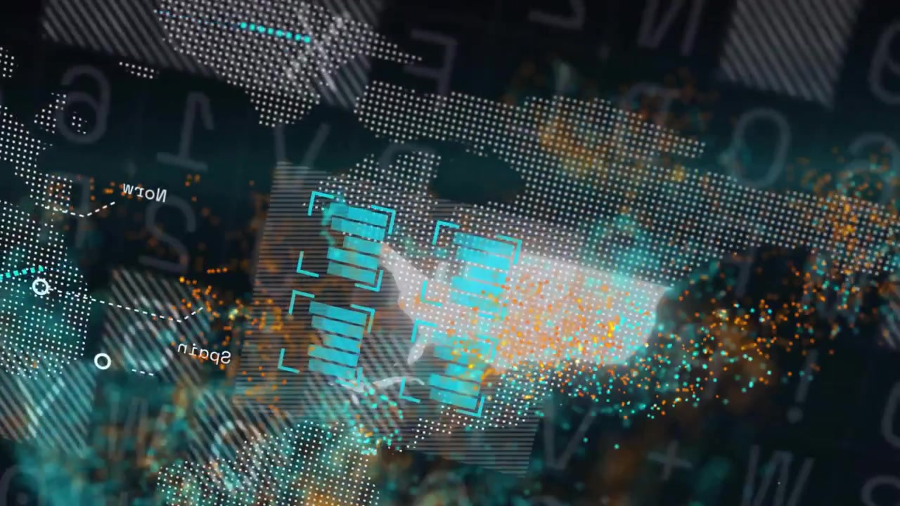 Opening on coded field, teal-orange cluster morphing and pulsing through map nodes and chart grid