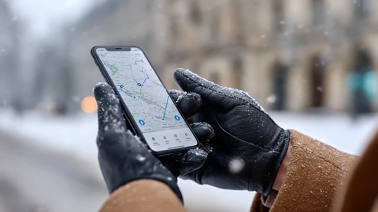 A person holds a smartphone displaying a map in a snowy urban environment, showcasing the intersection of technology and seasonal weather during winter exploration