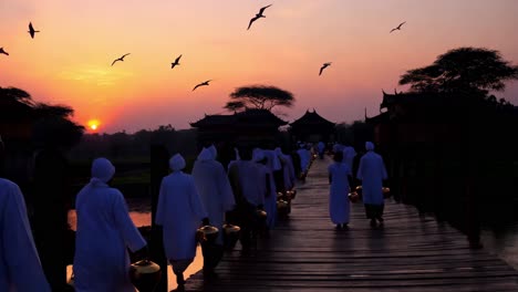 monks walking on a bridge at sunrise