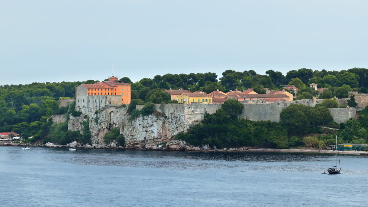 Aerial drone view of Fort Royal on Ile Sainte-Marguerite, the historic fortress overlooking the Mediterranean Sea near Cannes