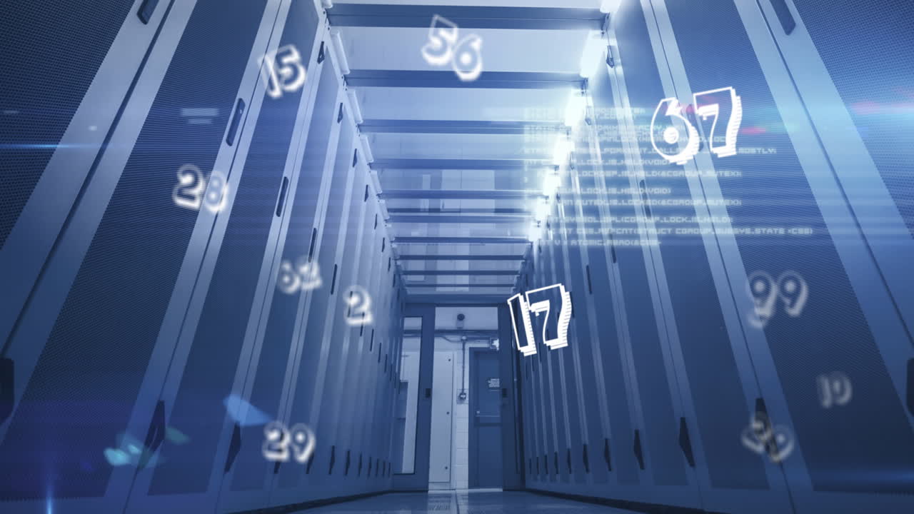 컴퓨터 서버와 함께 기술 방에서 바뀌는 숫자의 애니메이션