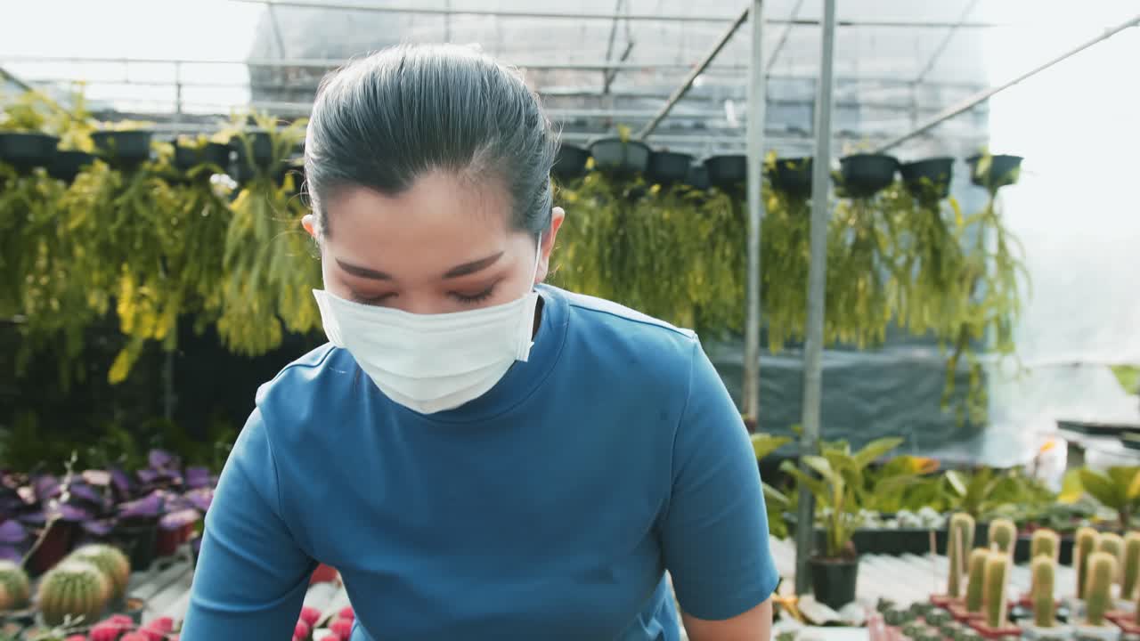 선인장 종묘장에서 화분에 미니어처 선인장을 들고 있는 젊은 아시아 소녀를 닫습니다