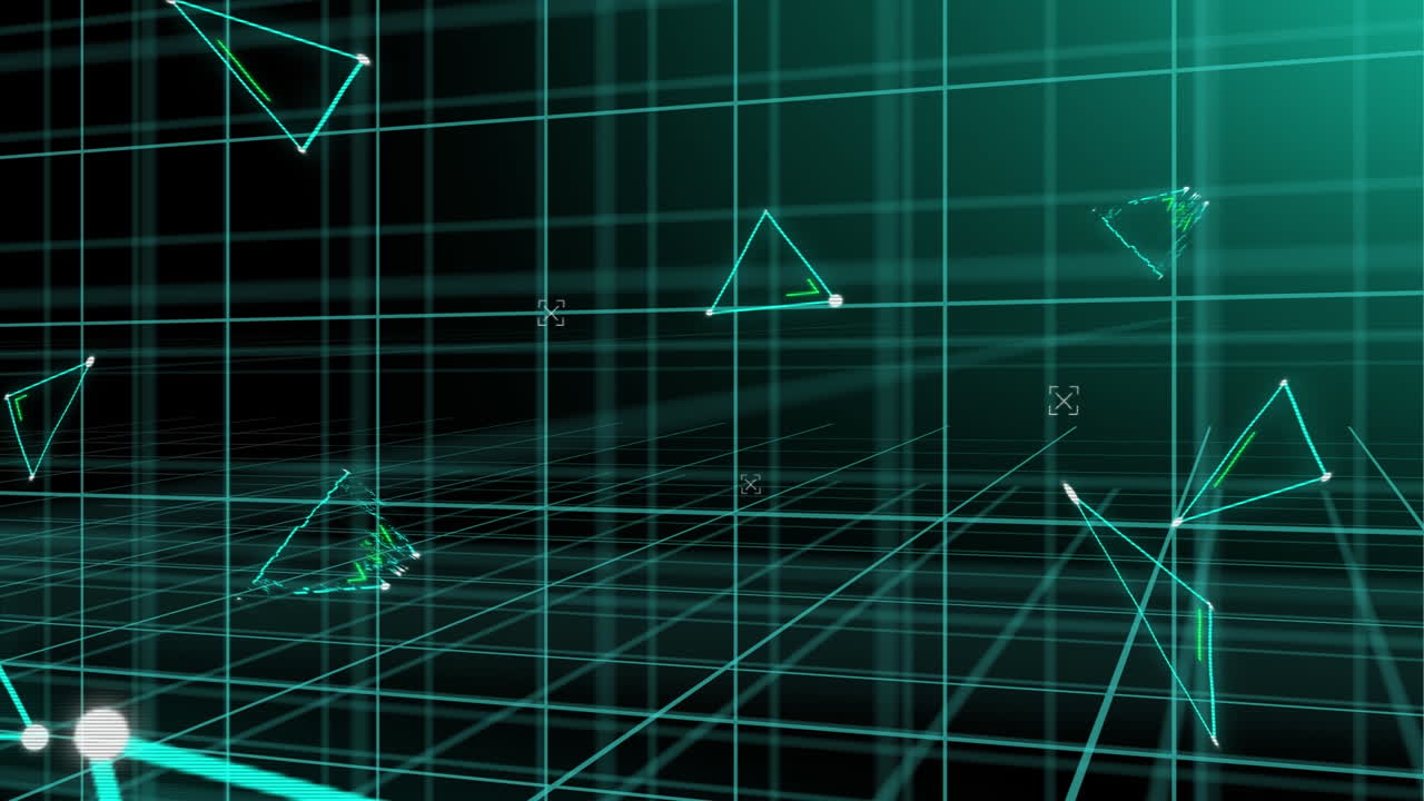 Animation of 3d grid and triangular networks processing data on black background