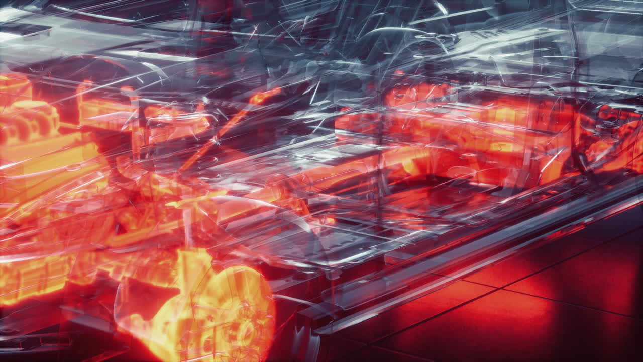 실험실에서 엔진이 있는 투명한 자동차