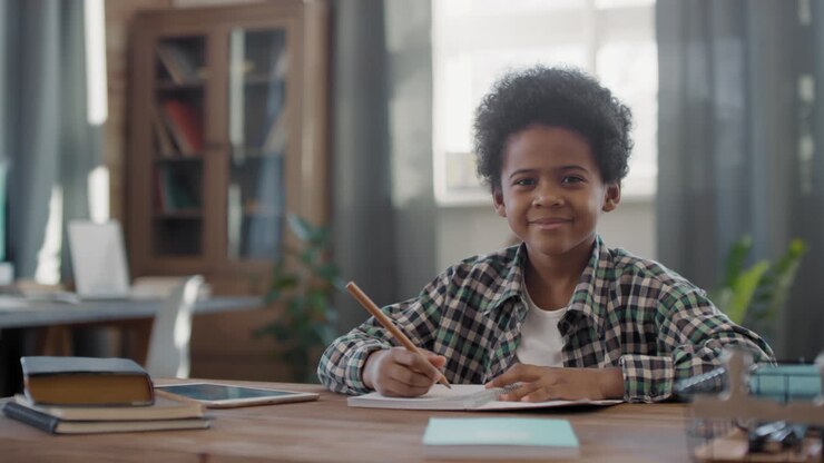Portrait Of Afro Boy Studying At Home