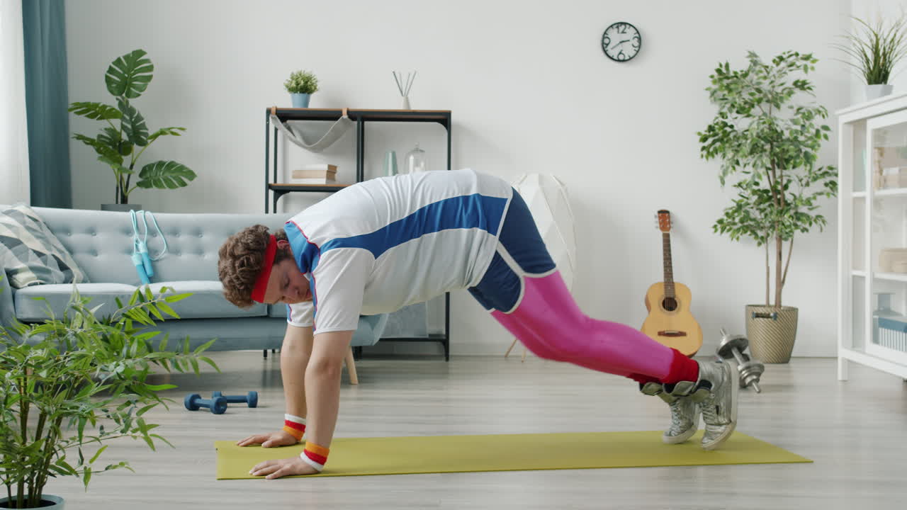 Funny Fat Man Working Out at Home