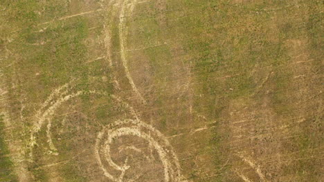 car donut swirls in dry grass as the camera rises - turns counterclockwise sped up