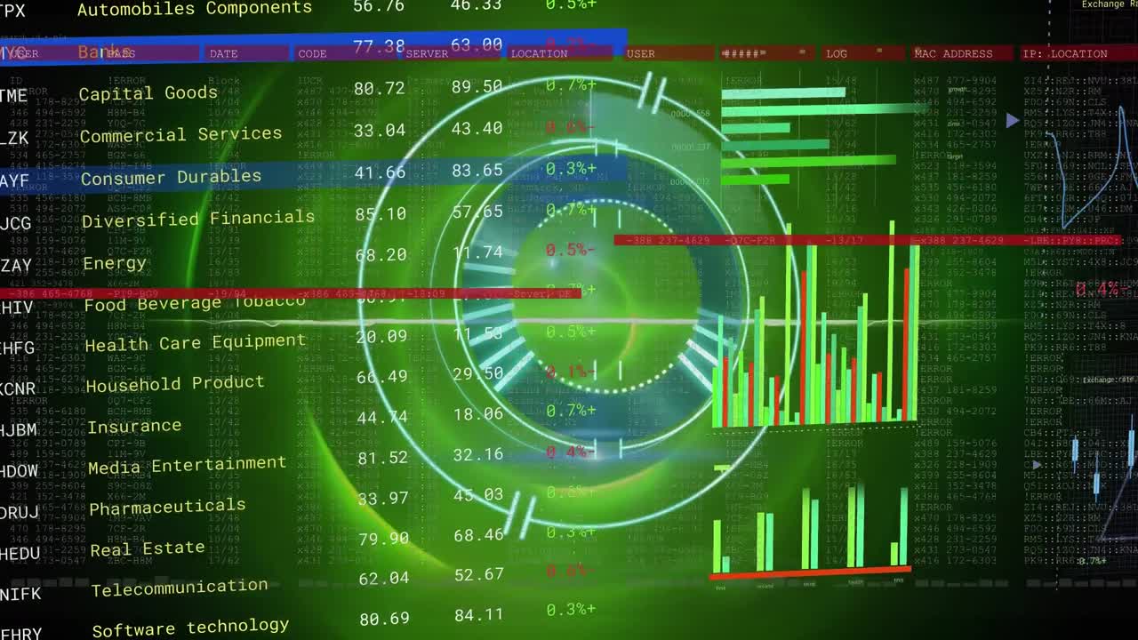 animación del escáner redondo y procesamiento de datos estadísticos contra senderos de luz verde giratorios