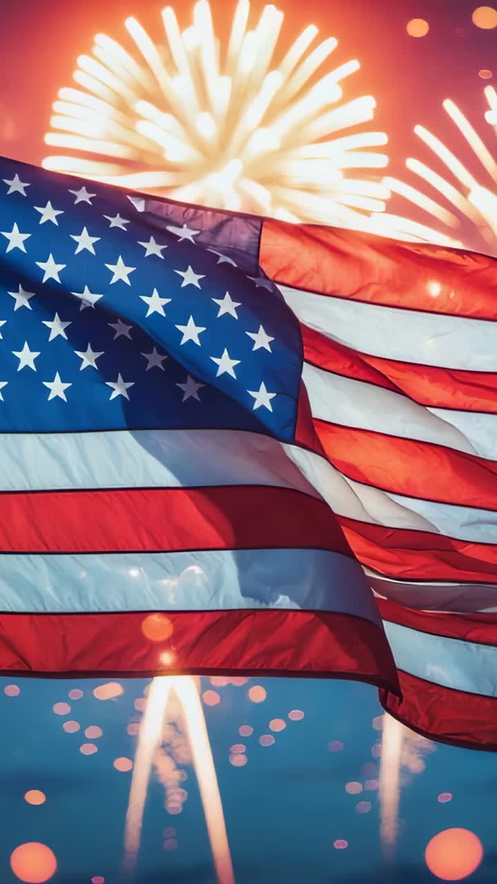 Video verticale: bandiera americana al vento che reagisce a fuochi d'artificio sotto un cielo scuro sul lungomare